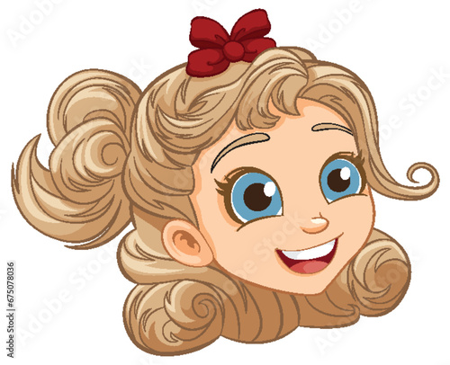 Smiling Cartoon Girl with Ribbon in Hair
