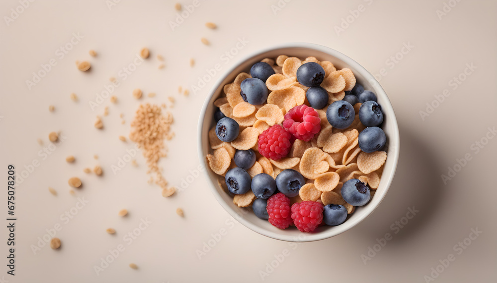 A bowl of cereals with blueberries and raspberries with milk on a white background. A bowl of cereals with blueberries and raspberries with milk on a white background.