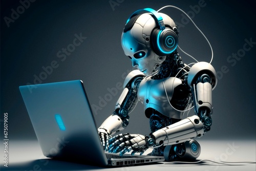 AI generated illustration of a futuristic robot working on a laptop © Wirestock