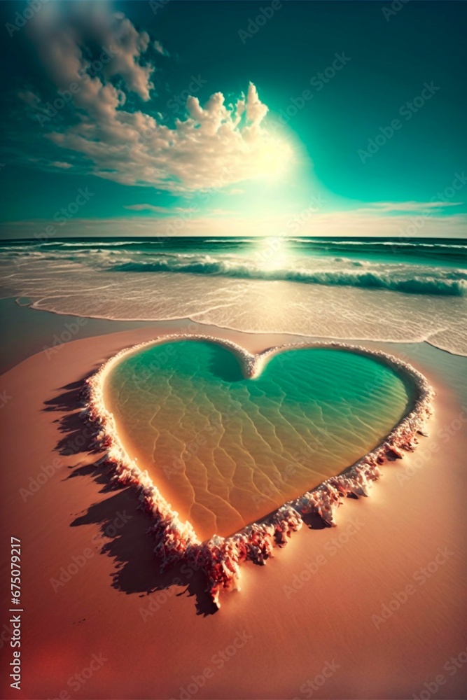 Fototapeta premium AI-generated illustration of a heart shape on the sandy beach at sunset.