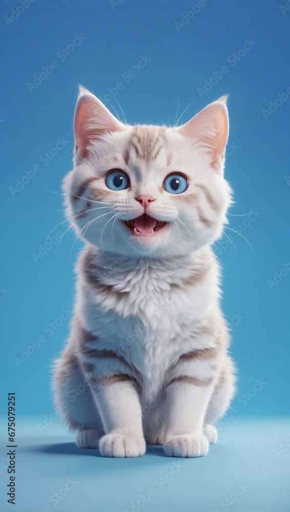 cute cat smiling on blue background