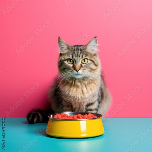 Cat sitting in front of bowl with a pet's food