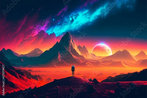 AI generated illustration of a vibrant sunset over the mountains and a silhouette in the foreground