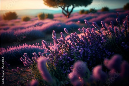 AI generated illustration of a lavender (Lavandula) field