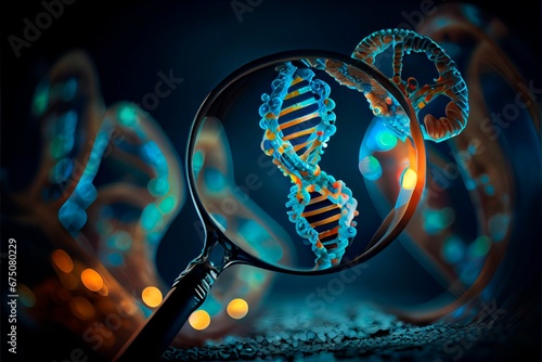 AI generated illustration of a human DNA in a magnifying glass