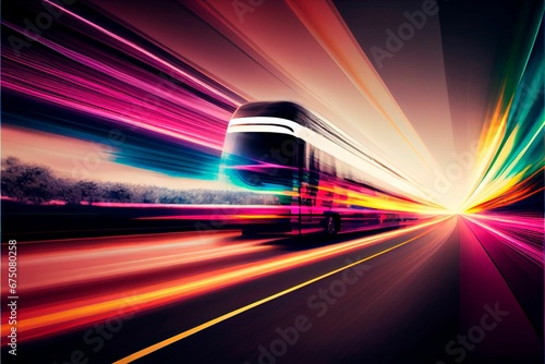 AI generated illustration of a long exposure bus in colorful lights