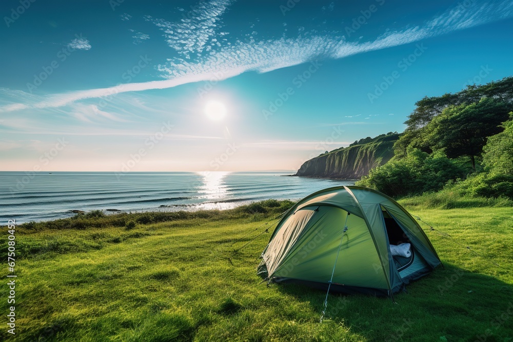 Camping on the beach at sunset. view of a camping tent on a summer evening.