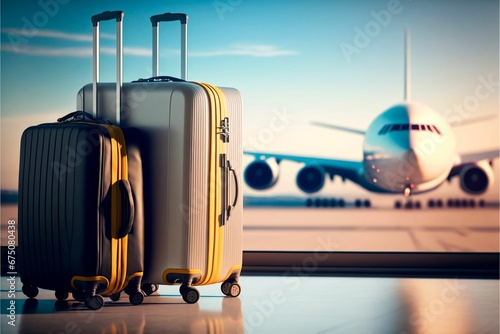 AI-generated illustration of suitcases in airport, a plane in background, concept of travel