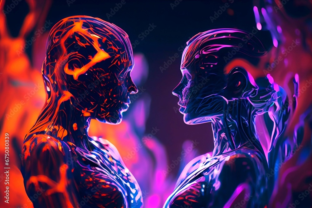 AI generated illustration of human figures falling in love - obrazy, fototapety, plakaty 