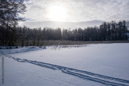 Snow winter landscape during sunny day in Finland.
