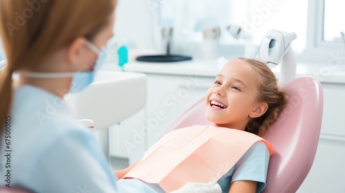 happiness cute girl and dentist for checkup and treatment of teeth at clinic, Smiling girl on bed at dentist clinic