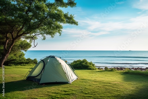 Camping on the beach at sunset. view of a camping tent on a summer evening.