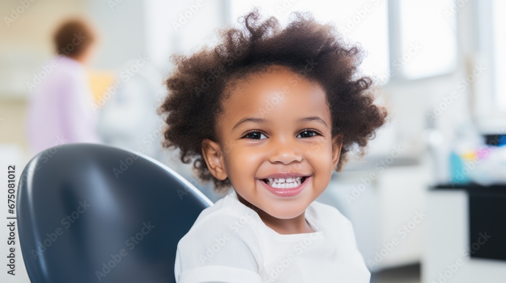 Happiness cute African American child and dentist for checkup and treatment of teeth at clinic Happiness cute African American child and dentist for checkup and treatment of teeth at clinic