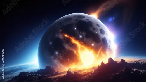 Moon against planet Earth. Cosmic clash. Cosmic art. Galactic art. 4K - 8K - 12K TV. Generative AI.