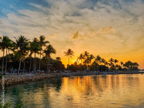 Idyllic beach with a vibrant sunset over palm trees on the shore