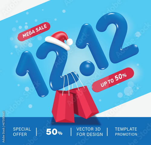 Number 12.12 blue Floats in air and moves. There are shopping bags hanging from sides and mega sale and winter promotion campaign sign 50% off