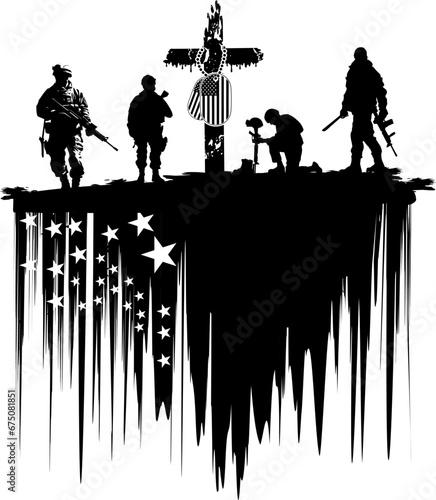 set of soldier silhouettes, grunge USA flag, Christian cross, USA dog tags
