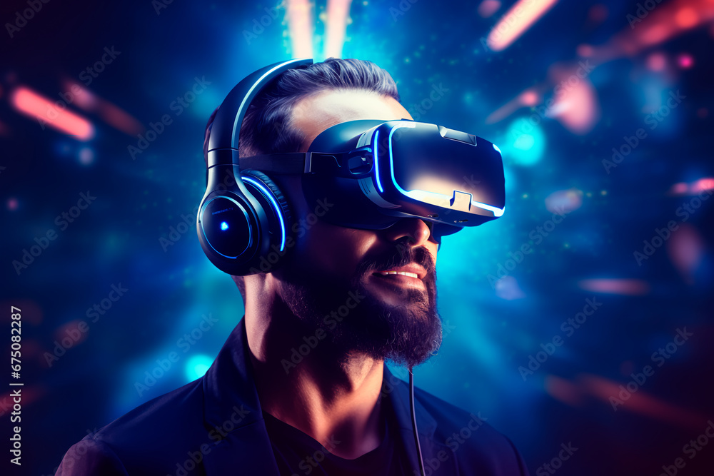 Immersed in the metaverse, a man explores virtual reality with a digital headset. Immersed in the metaverse, a man explores virtual reality with a digital headset.