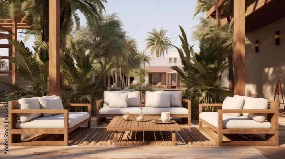 Fototapeta premium modern tropical living room natural texture material color scheme design concept cosy comfort vibrant interior home resort or vacation home house beautiful background concept
