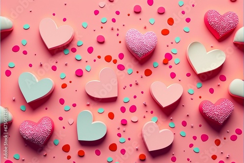 AI generated illustration of colorful hearts on pink background