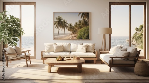 cosy comfort resort vacation home living room interior design element beautiful living room white bright color scheme decorate with natural material and tree pot nature garden view contemporary room