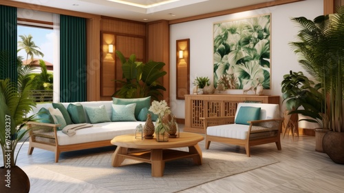 modern tropical living room natural texture material color scheme design concept cosy comfort vibrant interior home resort or vacation home house beautiful background concept © VERTEX SPACE