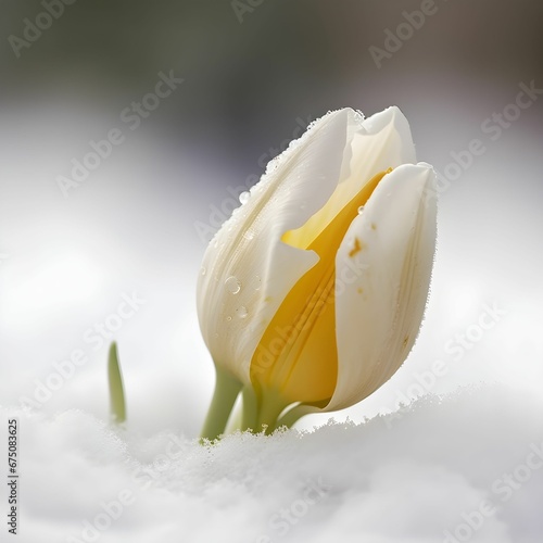 AI generated illustration of a solitary white flower in the snow, surrounded by a winter landscape