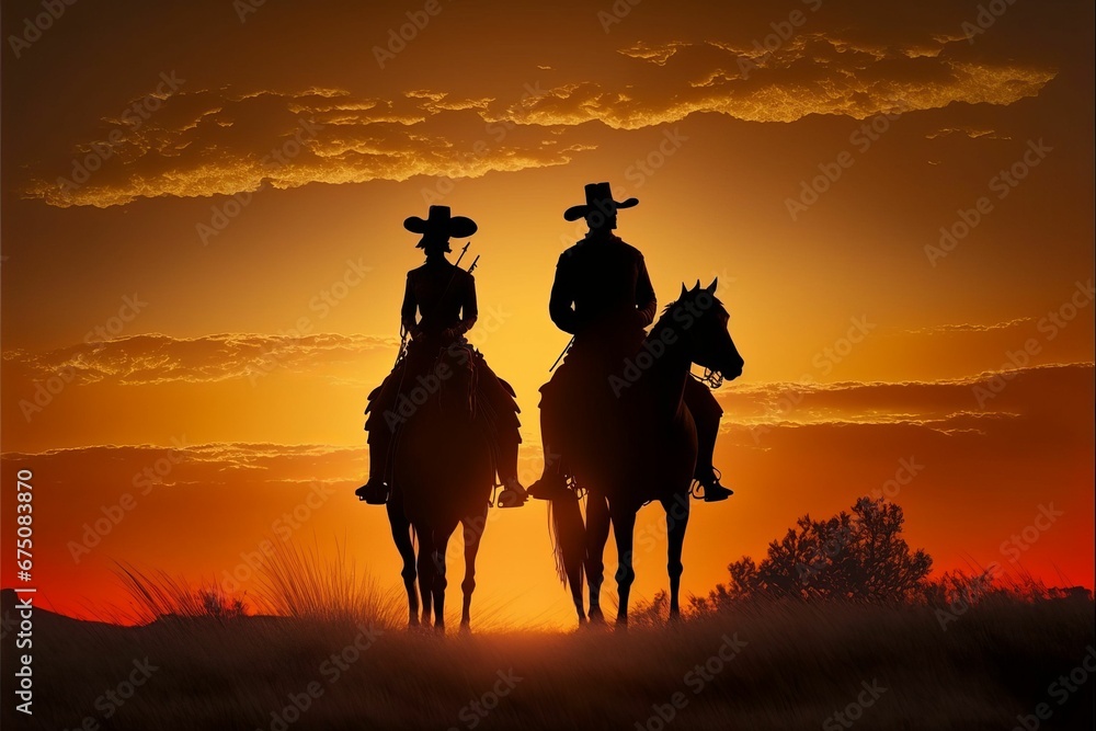 AI generated illustration of a female cowgirl and a male cowboy riding horses into a sunset together