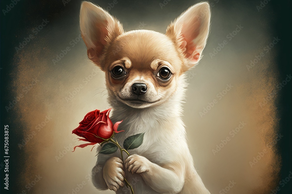 AI generated illustration of an adorable small chihuahua with a rose