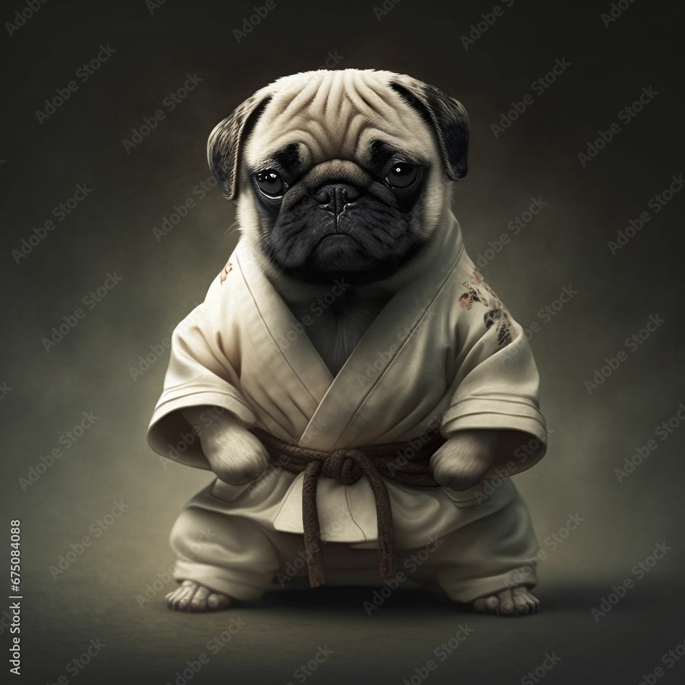 AI generated illustration of a Pug dog wearing a karate Gi against dark background