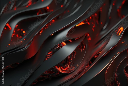 AI generated illustration of 3D metallic lines with red lights from the background.