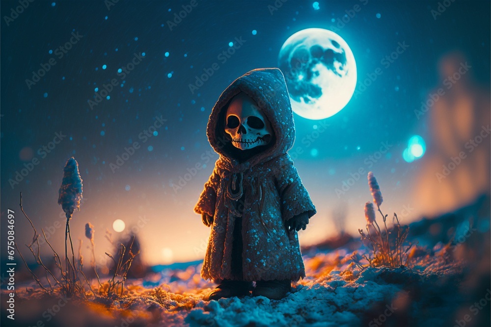 AI generated illustration of a baby grim reaper in the graveyard. - obrazy, fototapety, plakaty 