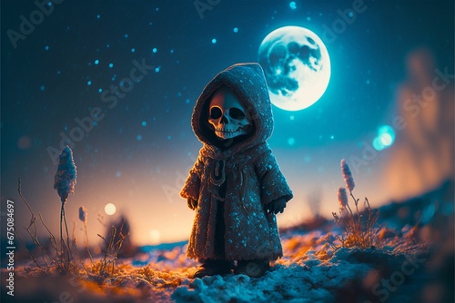 AI generated illustration of a baby grim reaper in the graveyard.