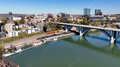 tennessee river aerial push in to knoxville tennessee skyline photo