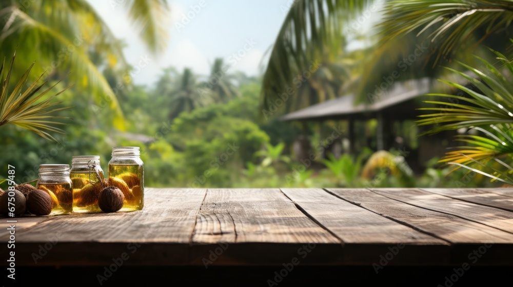 Obraz na płótnie Old Wooden table with oil palm fruits and palm plantation in the background  - For product display montage of your products. w salonie