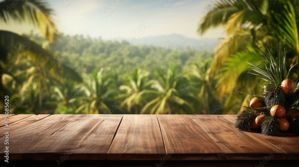 Old Wooden table with oil palm fruits and palm plantation in the background - For product display montage of your products. Old Wooden table with oil palm fruits and palm plantation in the background - For product display montage of your products.