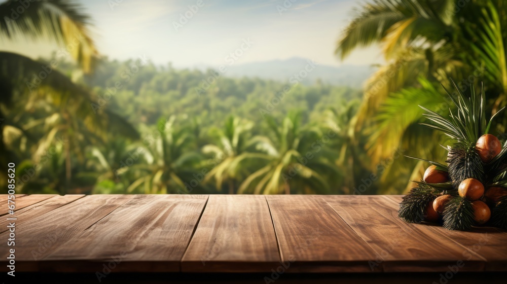 Old Wooden table with oil palm fruits and palm plantation in the background  - For product display montage of your products.