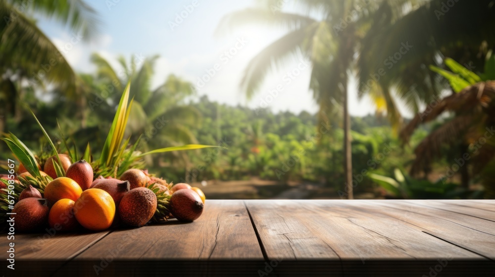 Old Wooden table with oil palm fruits and palm plantation in the background  - For product display montage of your products. - obrazy, fototapety, plakaty 