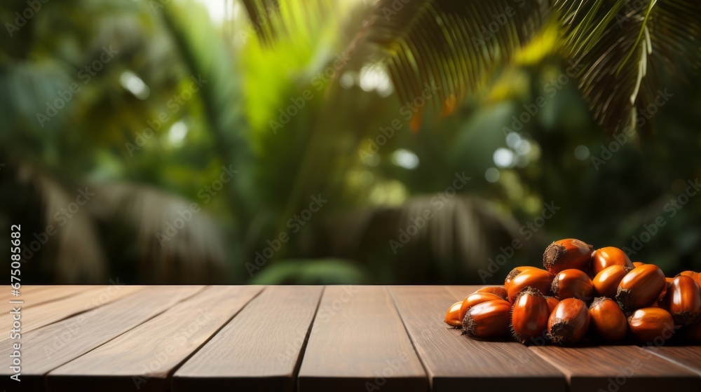 Old Wooden table with oil palm fruits and palm plantation in the background - For product display montage of your products. Old Wooden table with oil palm fruits and palm plantation in the background - For product display montage of your products.
