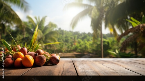 Old Wooden table with oil palm fruits and palm plantation in the background  - For product display montage of your products. photo