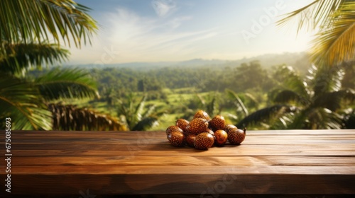 Old Wooden table with oil palm fruits and palm plantation in the background - For product display montage of your products.