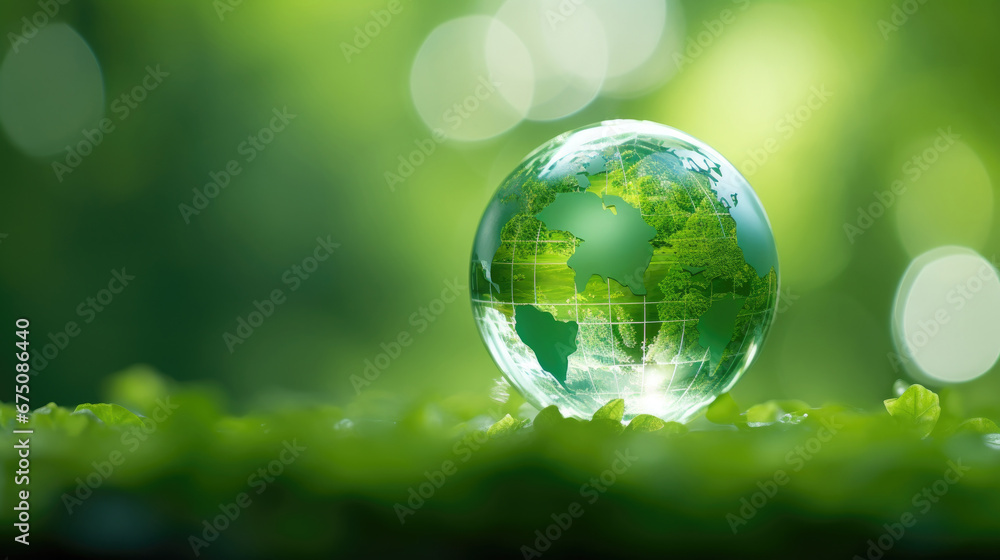 Glass globe earth on Green background with Copy space. Earth Day - Environment , Conservation Concept,save clean planet, ecology concept. Card for World Earth Day.