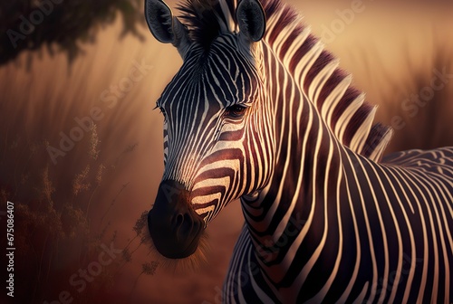 AI generated illustration of a portrait of zebra with balck and white lines.