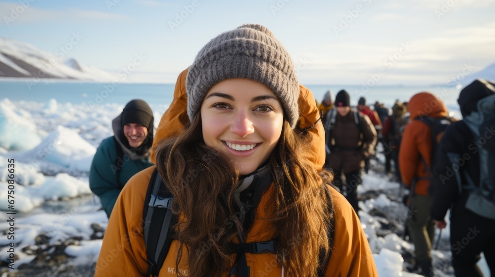 selfie shot of attractive cheerful adult female woman traveller in ice lake snow landscape casual relax woman in cloth winter jacket look at camera
