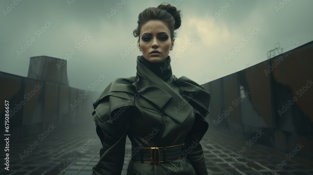 fashion portrait of attractive beautiful woman wear grey monotone dress cloth standing in future utophia city background fashion portrait of attractive beautiful woman wear grey monotone dress cloth standing in future utophia city background