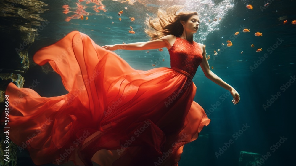 high fashion woman portrait photoshoot beautiful woman in glamour red dress float freedom swim in deep blue pool - obrazy, fototapety, plakaty 