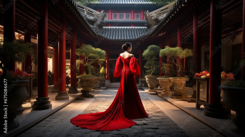 Fototapeta premium beautiful woman glamour red dress walking in stuning asian landscape and garden rear view fashion photo shooting daytime dramatic lighting setup