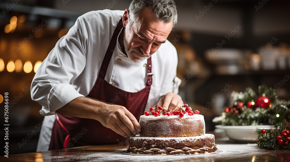 Focused pastry chef bakes Christmas cakes and gingerbread cookies in the home kitchen. Focused pastry chef bakes Christmas cakes and gingerbread cookies in the home kitchen.