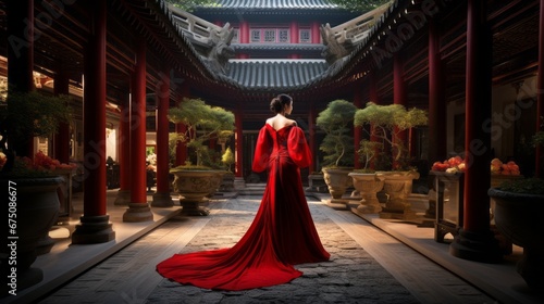 beautiful woman glamour red dress walking in stuning asian landscape and garden rear view fashion photo shooting daytime dramatic lighting setup
