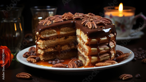 Pecan Cake  Professional Photography And Light Close  Background Image  Hd